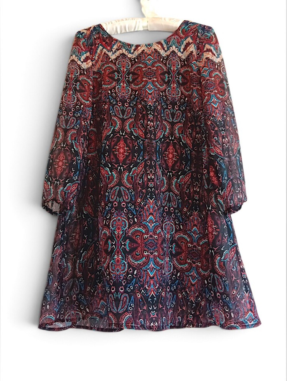 Daytrip Burgundy & Teal Printed Boho Mini Dress Long Bell Sleeves Boho Western